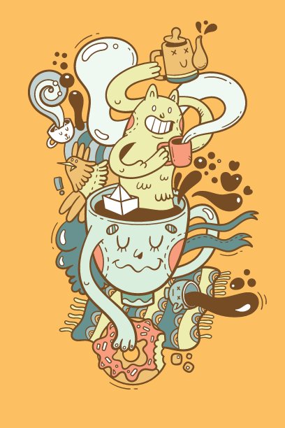 可爱的卡通猫喝咖啡的卡片。有趣的杯子和杯子。下午茶时间打印。向量轮廓图像。涂鸦艺术线条。图片下载