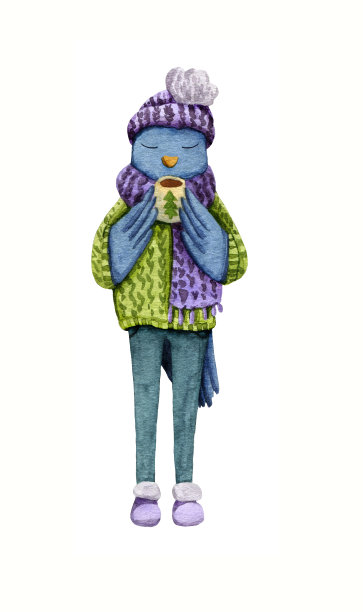 水彩可爱的小鸟在丑陋的圣诞毛衣。图片下载