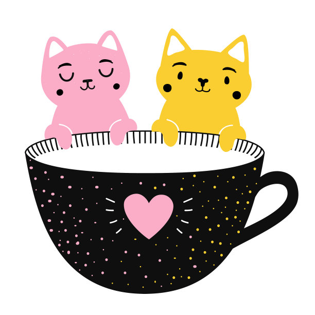 有两只黄色和粉色的猫和杯子图片下载
