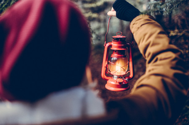 在森林里举着旧灯笼的女性的后视图图片下载