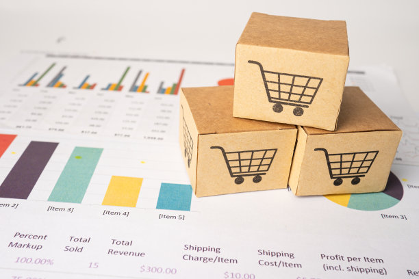 购物车标志的盒子与图形背景。银行账户，投资分析研究数据经济，贸易，外贸进出口运输在线公司概念。图片下载