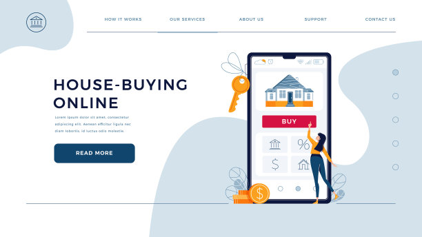 网上购房首页网页模板。女人买房子，按一下电话。房产交易，置业理念。平面现代卡通矢量插图图片下载
