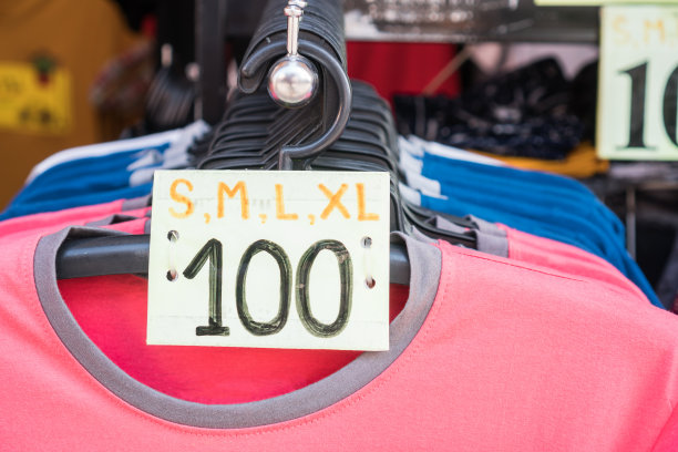衣服挂在塑料衣架上，价格和尺寸的t恤在货架上流行出售，店前商店收集供顾客选择，零售在商店商店在百货中心，生活方式在消费主义图片下载