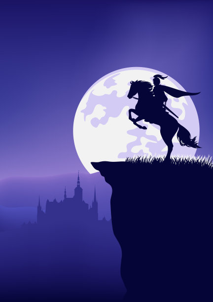 骑士和马在夜晚满月和城堡矢量剪影图片下载