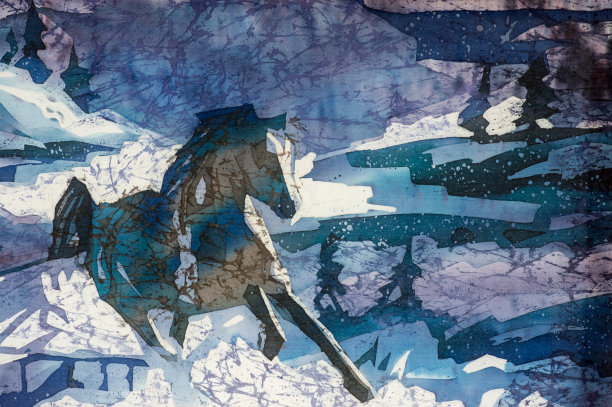 奔跑的马，卷曲，绿松石，热蜡染，背景纹理，手工丝绸图片下载