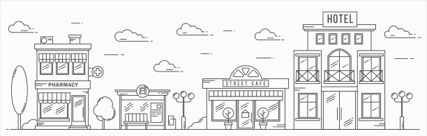 线条艺术风格的矢量景观。用房屋、建筑、树木和云彩勾勒街道轮廓。咖啡馆，药房，酒店和巴士站图片下载