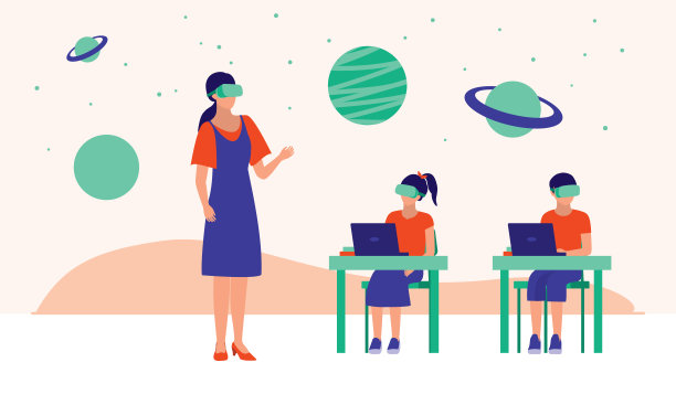 学校教师在课堂上使用VR。教育与虚拟现实概念。矢量平面卡通插图。图片下载