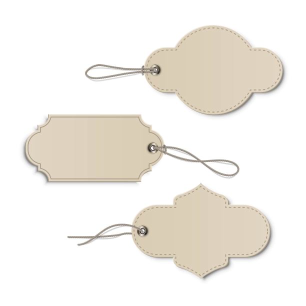 复古米色价格或标签标签模型模板集。带绳的空白卡片，用于赠送礼物或不同形状的礼品。空贴纸与线程框架矢量插图图片下载