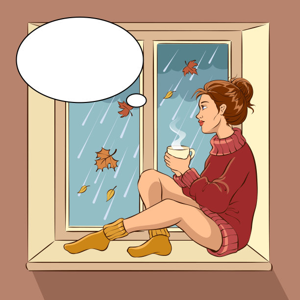 在窗台上喝茶，外面天气恶劣的女人。卡通插画图片下载
