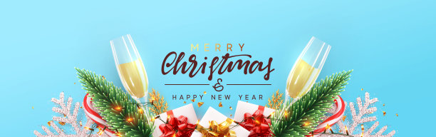 圣诞快乐横幅，酒杯香槟配礼盒，松木绿，亮雪花，圣诞彩灯花环。横向海报，贺卡，标题，网站。从上面观察的物体。俯视图图片下载