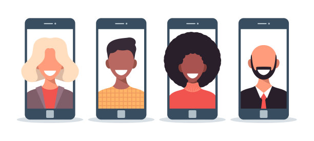 朋友在线聊天平面矢量插画。亲属们用智能手机，手机进行视频会议，打电话。男孩，女孩在手机屏幕上，显示。移动通信应用程序图片下载