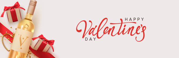 情人节快乐。设计与现实的两瓶白酒白酒品种，礼盒与红丝带和蝴蝶结，金色的3d心和闪闪发光的五彩纸屑。浪漫的背景。矢量对象图片下载