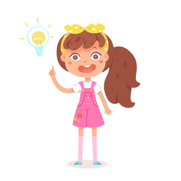 女孩有主意，头脑风暴，头顶上有灯泡标志。孩子穿着裙子，头戴蝴蝶结，孤立在白色背景上。矢量字符插图儿童的手势，情绪，情绪类型。图片下载