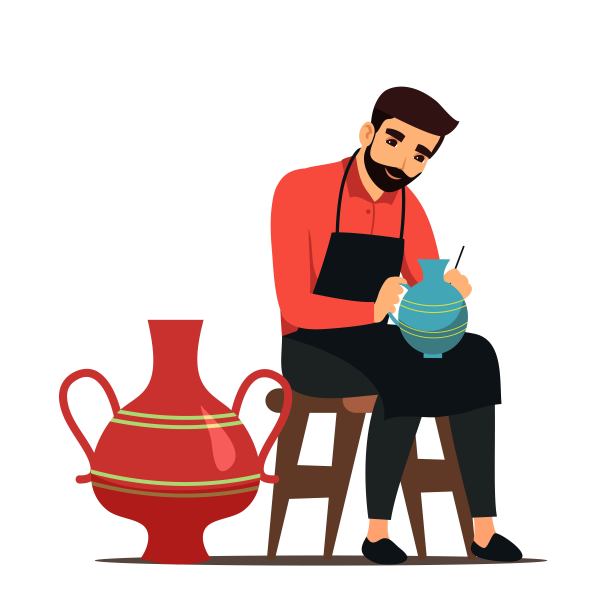 艺术家绘画陶瓷。小企业主矢量插图。年轻男子坐在椅子上和工作在陶瓷商店或工作室孤立在白色背景图片下载