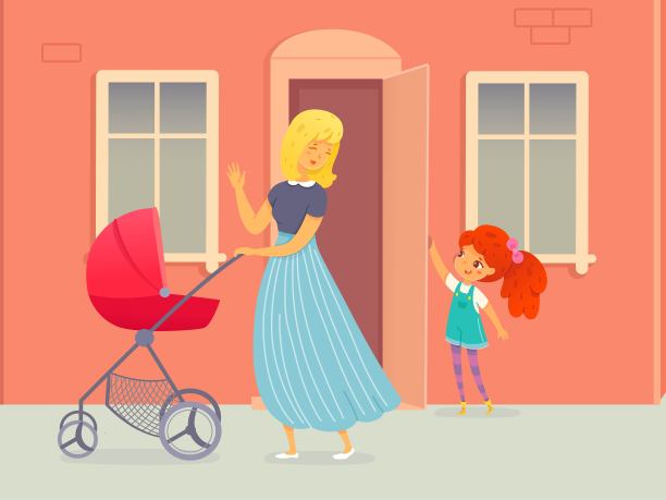 好孩子为推着婴儿车的女人开门。谦恭善良的孩子站在门口，帮助年轻女子带着婴儿进入大楼。礼貌和尊重矢量插图图片下载