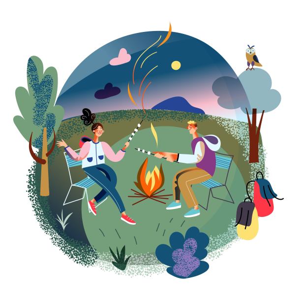 人们冒险旅行，在篝火上烤棉花糖。情侣们在森林里徒步旅行，坐在一起做饭，在篝火旁休息。游客户外场景矢量插图图片下载