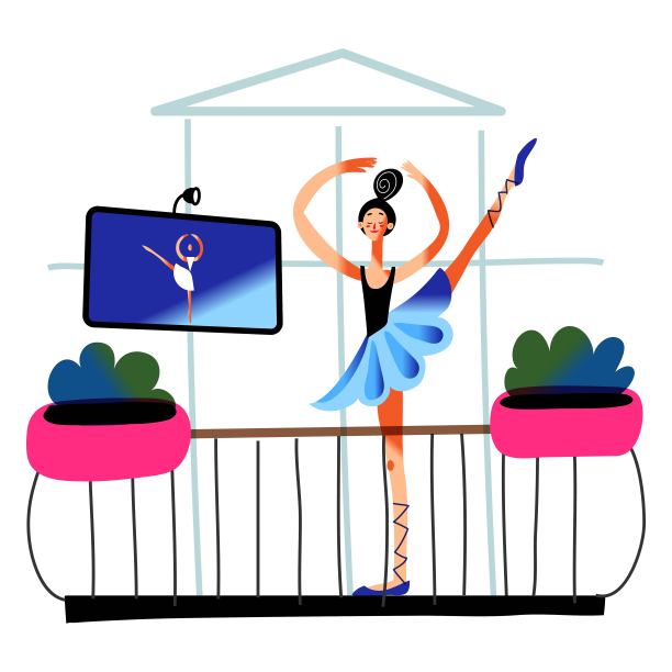 女孩在阳台上跳芭蕾。快乐少妇在屋里跳舞，重复着电脑屏幕后。放松爱好矢量插图。从街道看城市现代公寓图片下载
