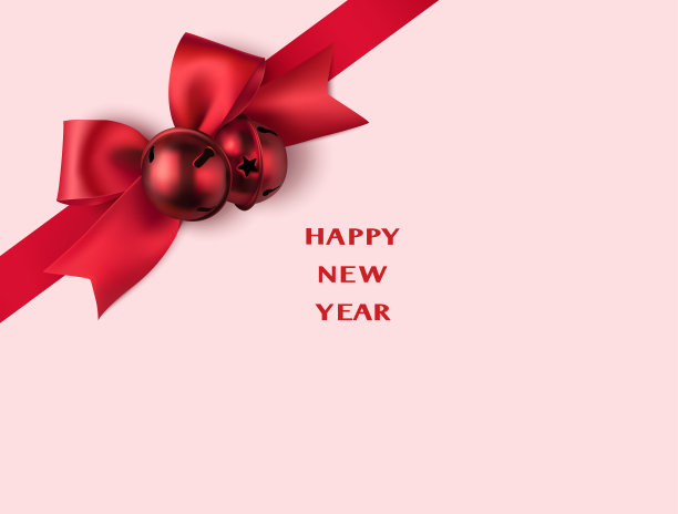 装饰红色蝴蝶结与对角线丝带和圣诞钟声在页角。新年的背景。图片下载