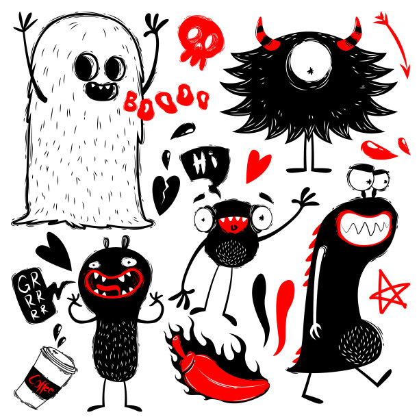 在白色背景上涂鸦可爱的怪物。怪兽鬼怪人物涂鸦，手绘风格。怪物剪影的集合。Vectro插图图片下载