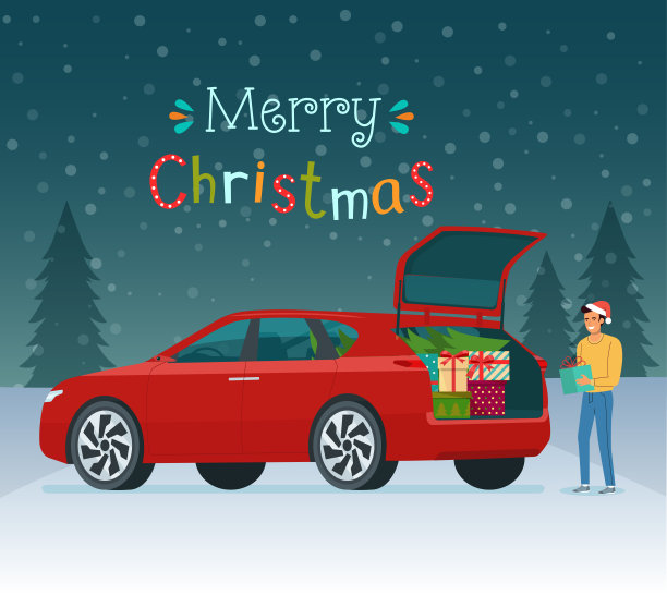 把圣诞礼物装进汽车后备箱的男人。矢量平面风格的插图。图片下载