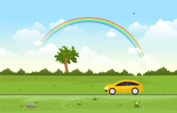 美丽的彩虹天空和绿色草地山图片下载