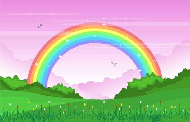 美丽的彩虹天空和绿色草地山图片下载