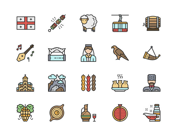 设置格鲁吉亚文化平面颜色线图标图片下载