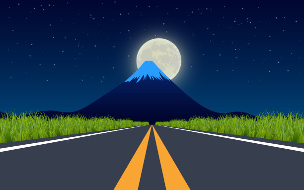 满月之夜草地景观路图片下载