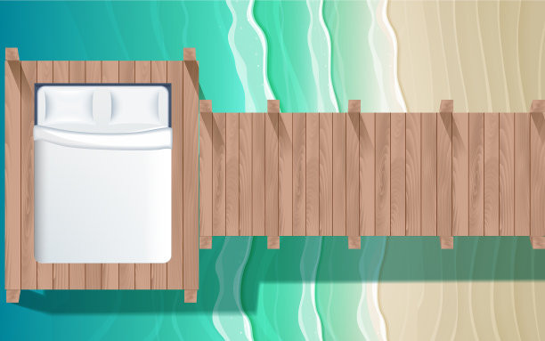 俯视图户外小屋床在海滩上图片下载