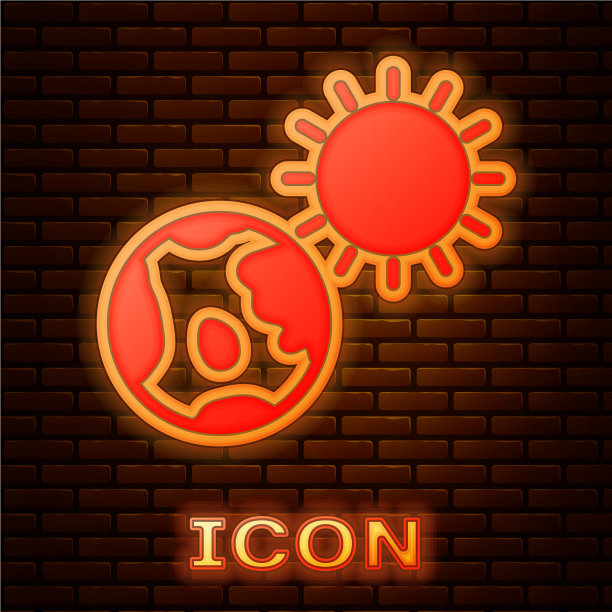 发光的霓虹灯地球和太阳图标孤立图片下载