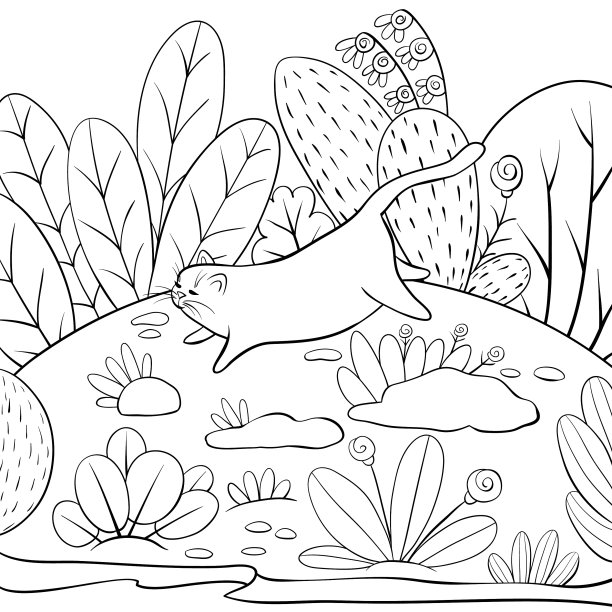 儿童涂色的书页上有一只蹦蹦跳跳的猫图片下载