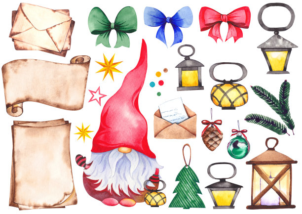 斯堪的纳维亚地精，羊皮纸卡片和装饰圣诞套装。图片下载