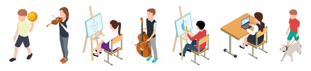 儿童和爱好。等距的孩子。爱好矢量绘画，音乐，体育，电脑，动物图片下载