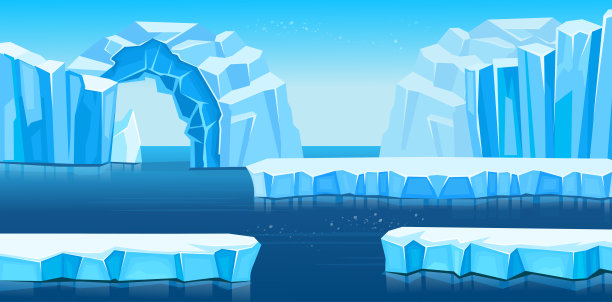 有冰山和海洋的北极景观。南极洲的全景。矢量卡通插图的游戏和移动应用程序。图片下载