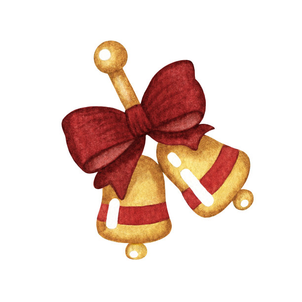 水彩闪闪发光的金钟与红丝带蝴蝶结。象征圣诞快乐，寒假。手绘插图，剪贴画，元素隔离的设计印刷图片下载