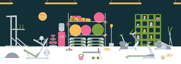 体育健身房内部与彩色健身设备平面矢量插图。图片下载