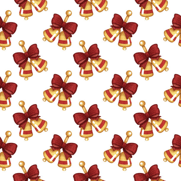无缝模式与水彩金色圣诞钟声与红色蝴蝶结。手绘闪亮的圣诞装饰。寒假背景设计图片下载