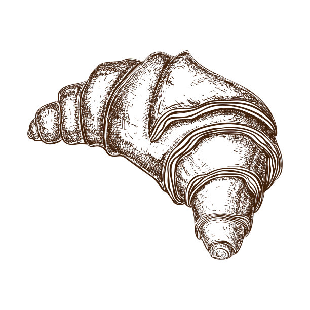 手绘法国牛角面包素描孤立在白色。矢量插图的新鲜烤牛角面包在复古雕刻风格。糕点剪贴标签，标志，面包房菜单，海报。涂鸦面包圈图标。图片下载