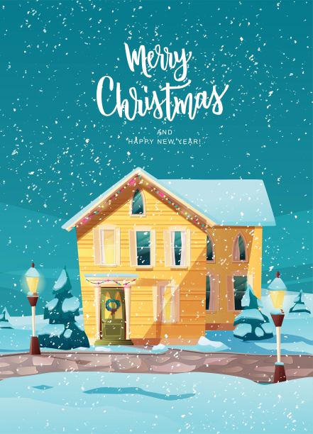 维多利亚式复古风格的建筑，院子里有冷杉树，窗户里有灯光，圣诞节的灯笼。圣诞节庆祝装饰。图片下载