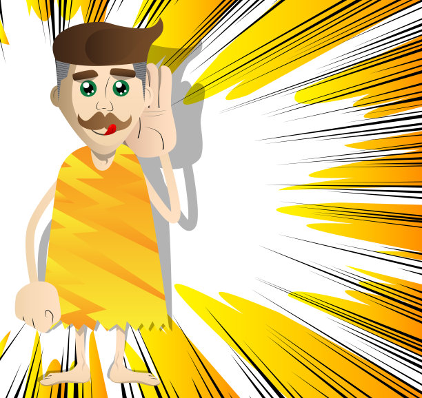 卡通穴居人手放在耳边，听着。图片下载