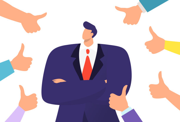 竖大拇指象征成功的商业概念矢量插画。身着西装的成年男子双手簇拥，自信的手势支持着。图片下载
