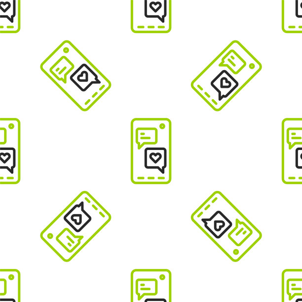 智能手机与心表情语音泡泡获得信息屏幕图标孤立无缝模式的白色背景。情人节。向量图片下载