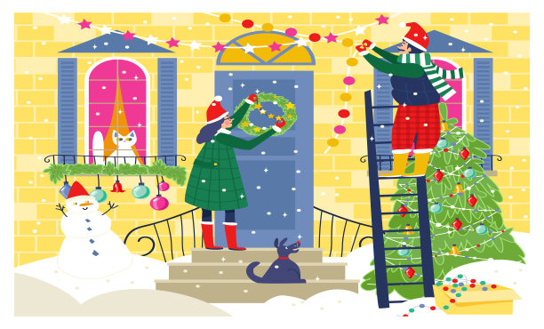 人们准备圣诞节的矢量插图场景。用装饰物和花环装饰圣诞树。图片下载