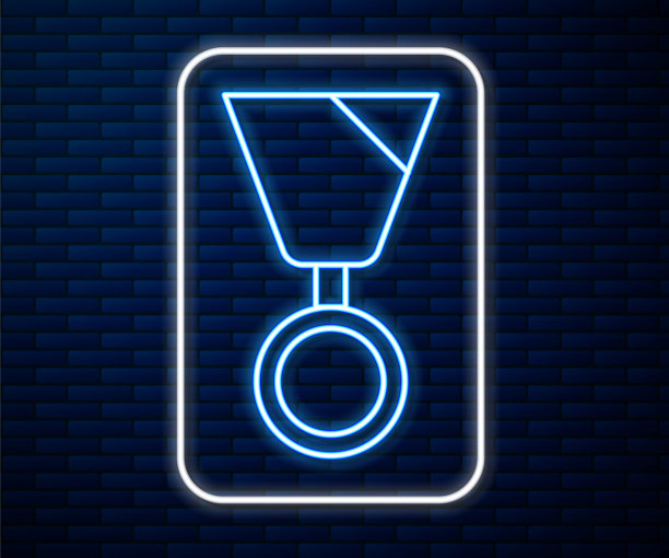 发光的霓虹灯线军事奖励勋章图标孤立在砖墙的背景上。军队的迹象。向量图片下载