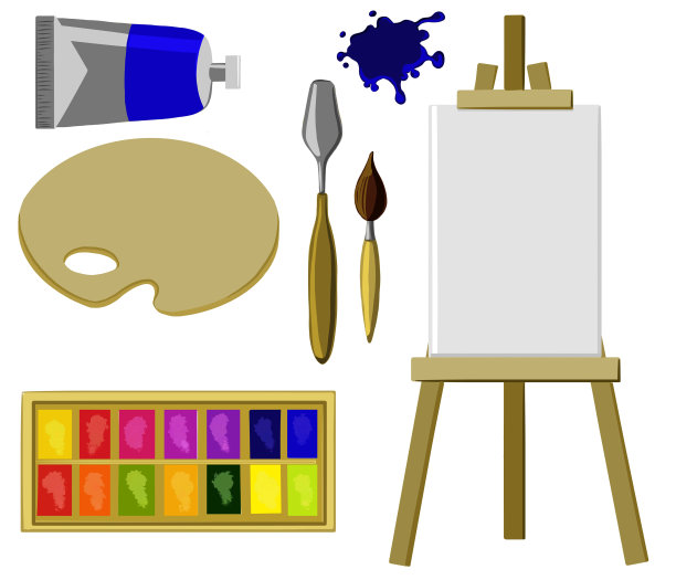 艺术家马贝尔的工作材料与一块写字板，刷子，调色板刀，颜料盒，一管颜料，一个污点，调色板。图片下载