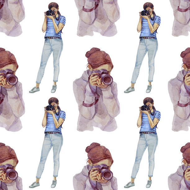 水彩无缝图案女孩用相机拍照。手绘女摄影师孤立在白色。艺术创作背景图片下载