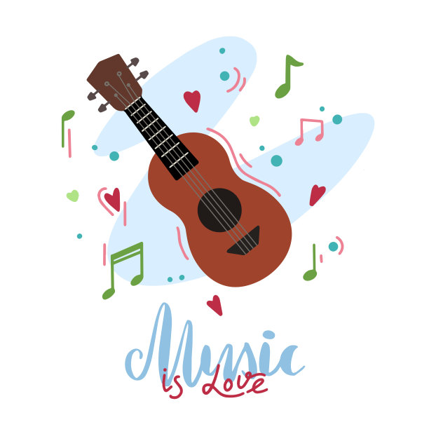 音乐是爱。原始字母与尤克里里，心和音符在抽象的背景。爱好和兴趣。矢量插图与书法引用图片下载