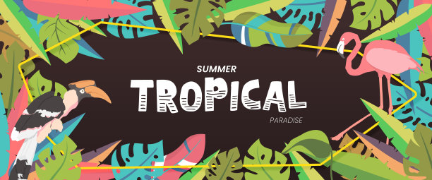 明亮的热带色彩背景与丛林植物。带有棕榈叶的外来向量。图片下载