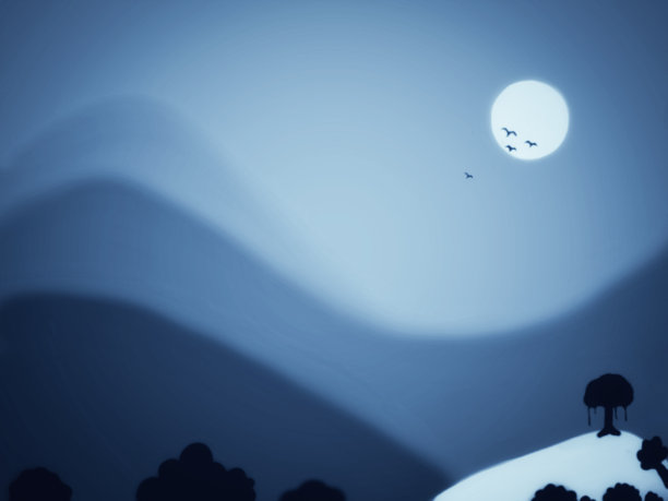 以蓝色背景描绘自然生态系统。一群鸟儿在剪影的天空中飞翔。图片下载