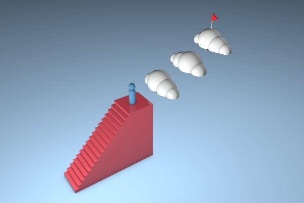 一个男人的身影爬上了楼梯。设定一个新的目标并实现它。野心和自我发展。三维渲染图片下载